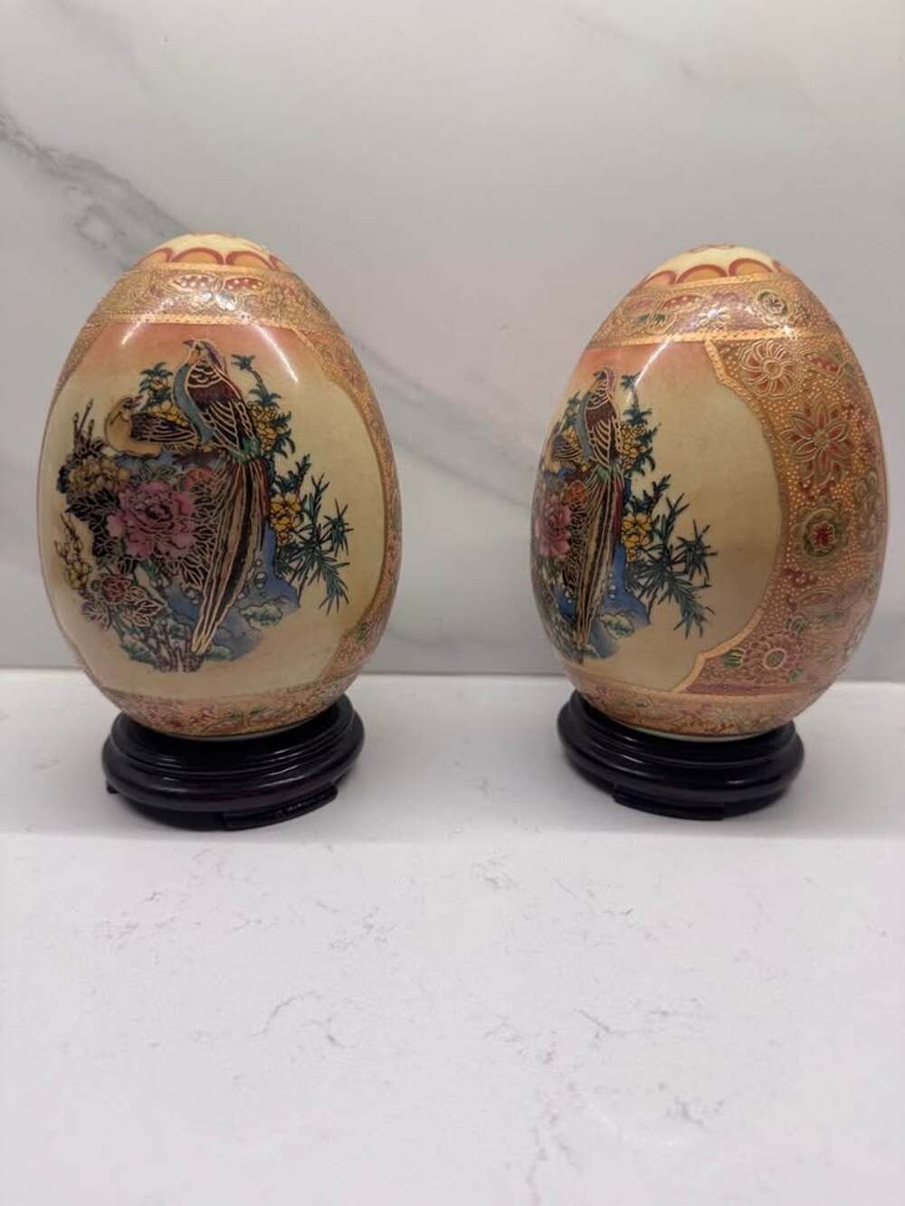 2 Vintage Satsuma Style Asian Chinoiserie Bird & Floral Porcelain Ceramic Eggs